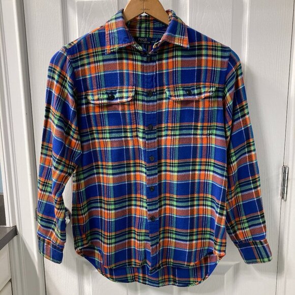 Polo Ralph Lauren Blue Orange Green Plaid Flannel Work Shirt Size S/P - Picture 1 of 7